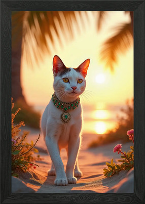 Elegant White Cat at Sunset Beach   Framed Wall Art Poster Canvas Print Picture