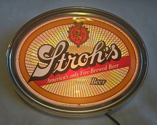 Vintage Stroh’s Electric Lighted Beer Sign Illuminated Oval Bar Light