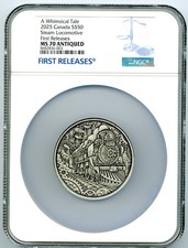 2025 $50 CANADA 3OZ SILVER NGC MS70 ANTIQUED WHIMISCAL TALE STEAM LOCOMOTIVE FR