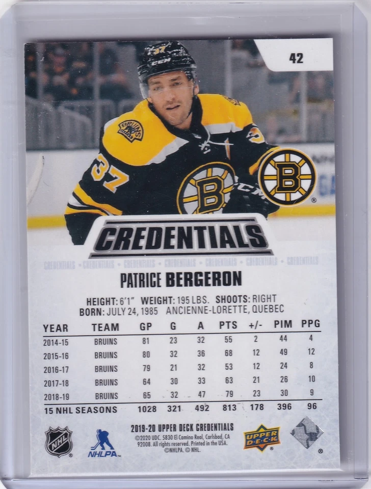 2019-20 Upper Deck Credentials Red #/199 PATRICE BERGERON #42 Bruins NHL - Image 2 of 2
