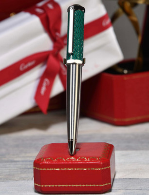 Cartier Santos Green Silver Ballpoint Pen Authentic Limited Edition Gift Luxury