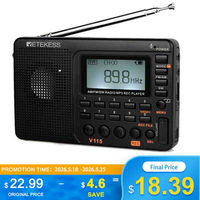 Retekess V115 Portable AM/FM/SW Digital shortwave Radio MP3 Player Rechargeable