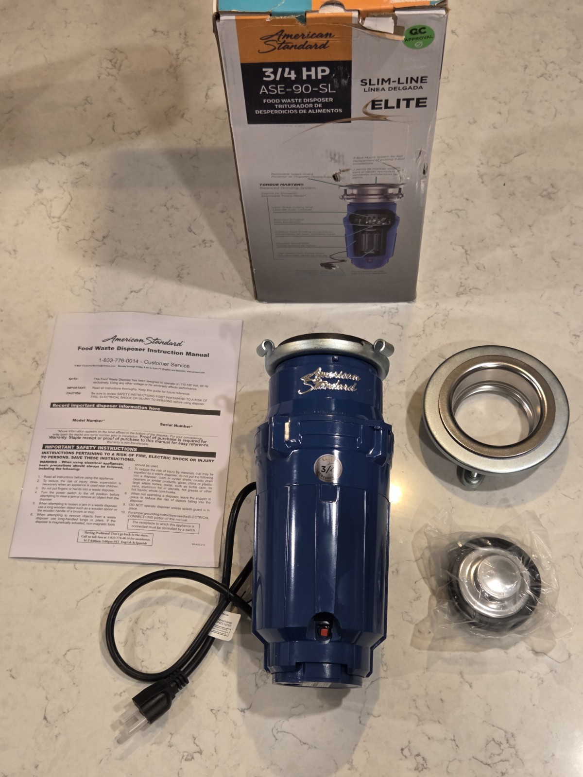 American Standard ASE-90-SL 3/4 HP Food Waste Garbage Disposer Slim-Line New 
