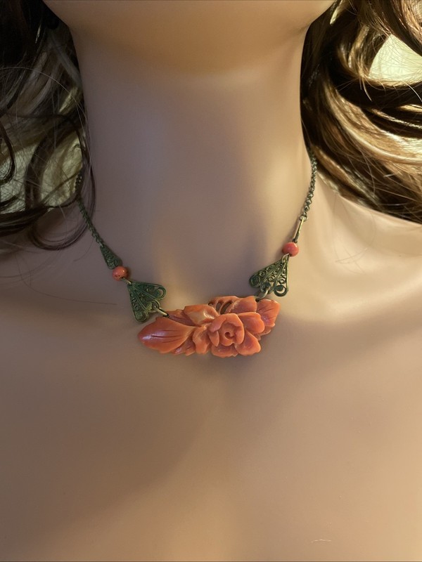 1930s Czech Filigree 7” Art Noveau Orange  Carved Celluloid  Necklace Art Deco