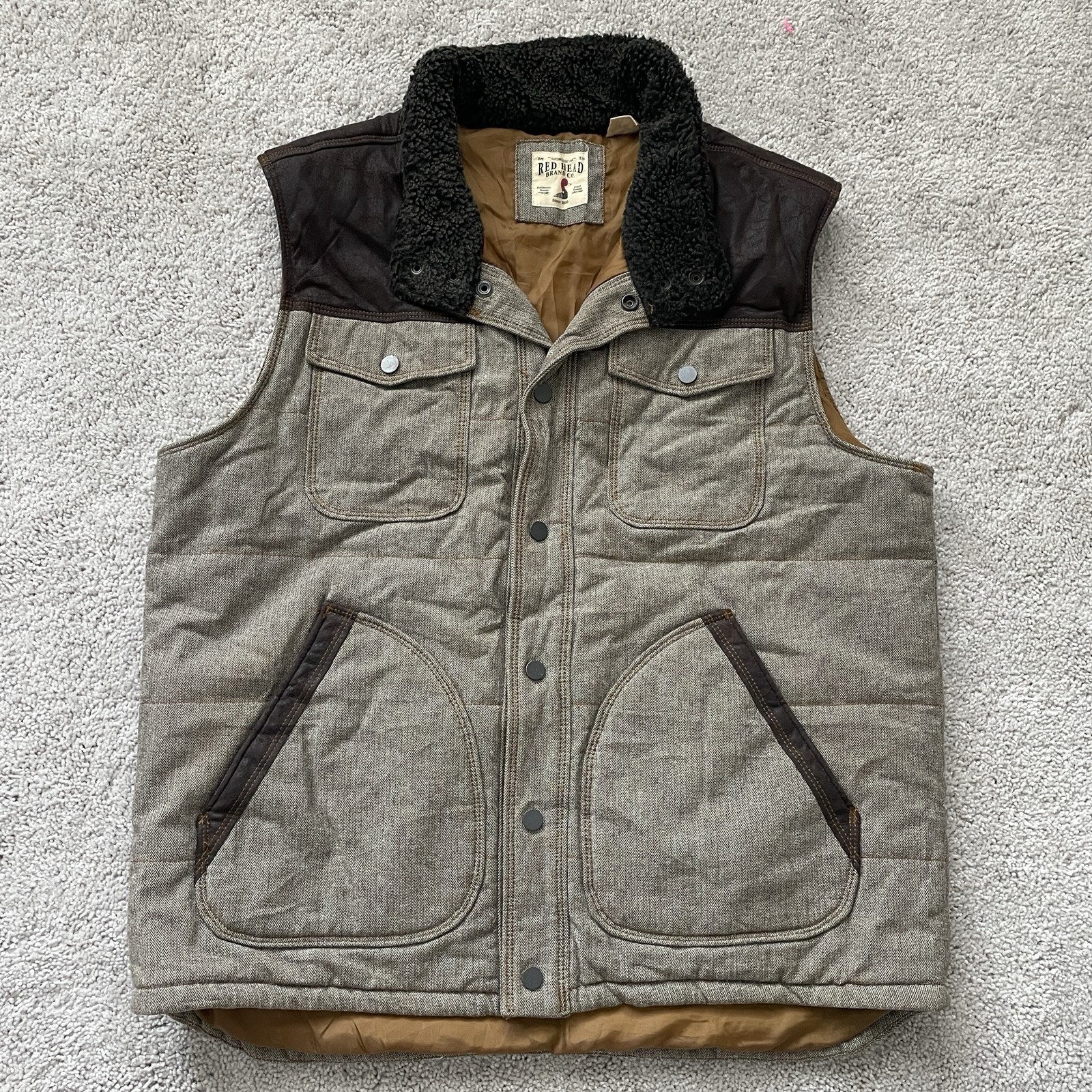 Red Head Ranch Vest Men's Sz Large Gray Brown Western Outdoor Faux Leather