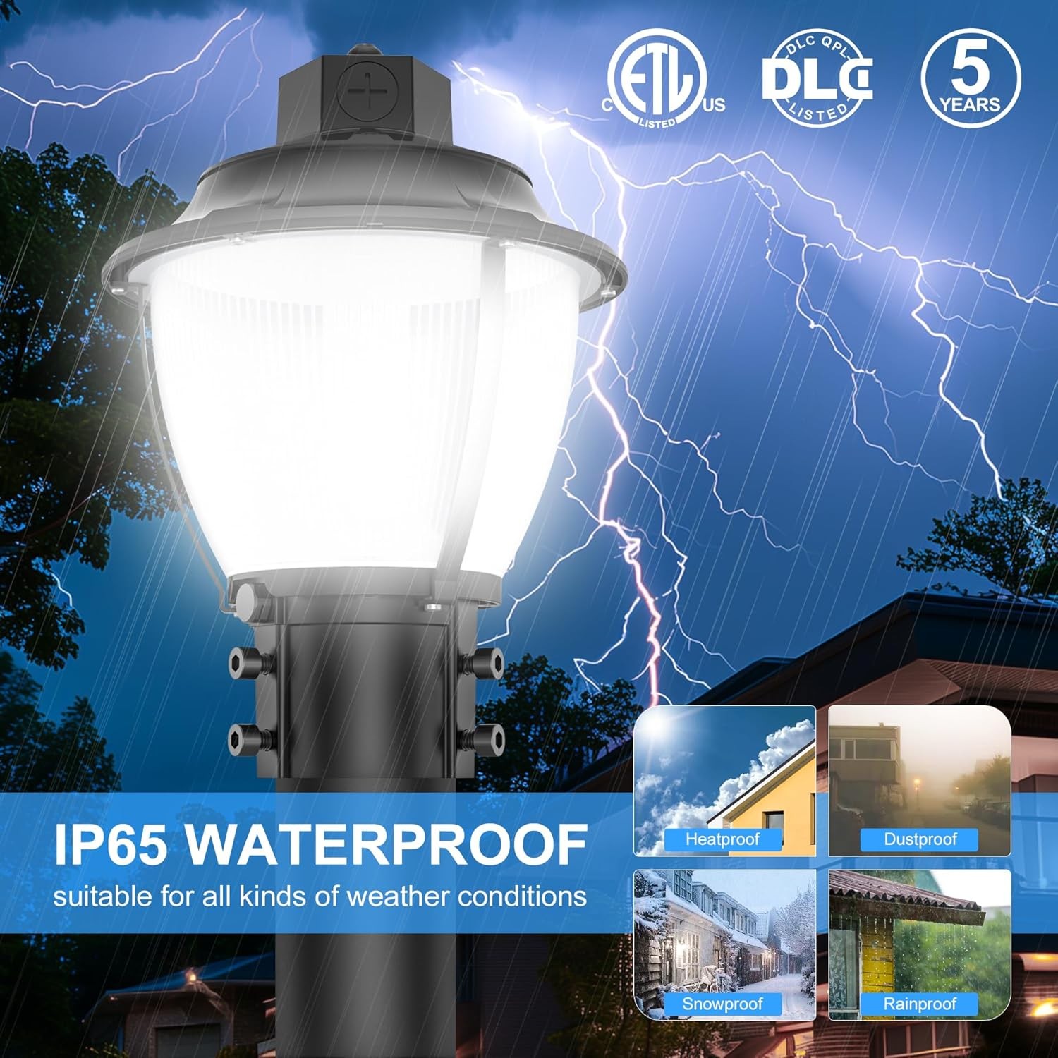 80W LED Post Top Light 3/4/5000K Outdoor Garden Yard Pole Area Lamp Dusk to Dawn