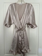 Ekouaer Robe Womens Large Champagne Satin Kimono Short Ruffle Belted Lounge