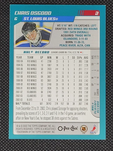 2003-04 O-Pee-Chee #2 Chris Osgood Gold /50 - Picture 2 of 2