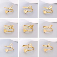 Initial Ring Stainless Steel Heart Letter Open Gold Color Women Band Jewelry