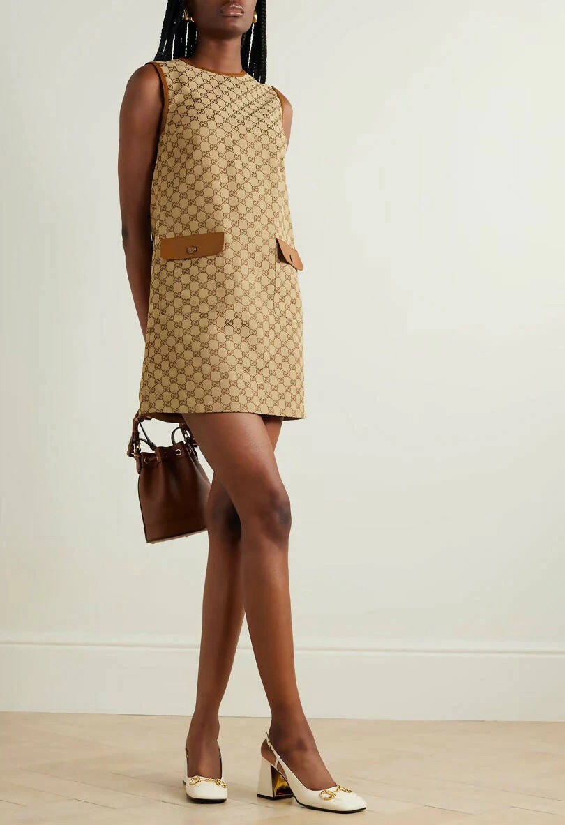 Gucci GG Leather-Trimmed Cotton-Blend Canvas-Jacquard Mini Dress - BNWT 42IT