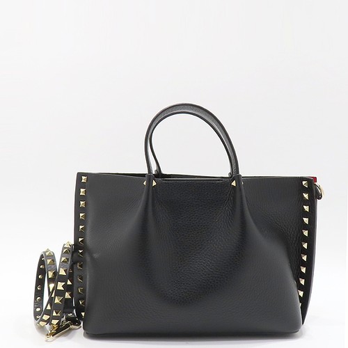 VALENTINO B0L32VSF 0NO Black Leather Rockstud Garavani Tote Bag + Shoulder