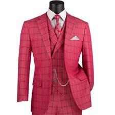 VINCI Men's Raspberry Windowpane 3 Piece Modern Fit Suit - NEW