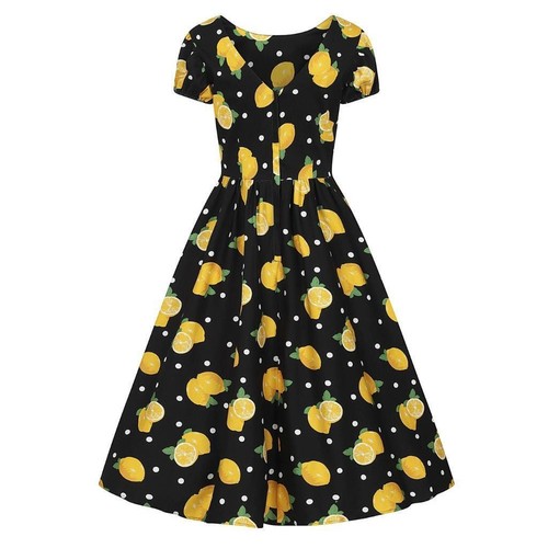 Collectif Dress UK 10 S Demira Polka Dot Swing Lemons Black w/ Pockets - Picture 4 of 18