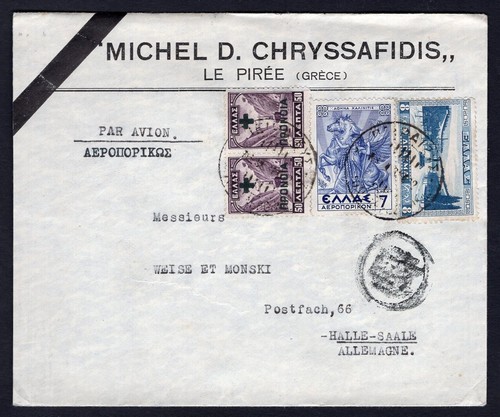 GREECE 1938 Airmail Mourning Cover to Germany