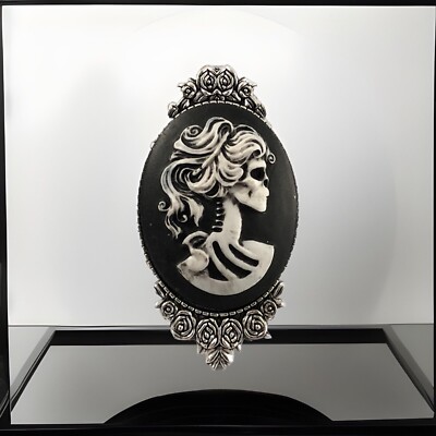 Lady Lolita Skull Cameo Brooch Vtg Hat Pin, Day of the Dead, Steampunk Halloween