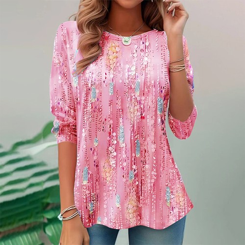 Womens Round Neck Printed T-shirt Ladies Casual Tops Pullover - Picture 14 of 17
