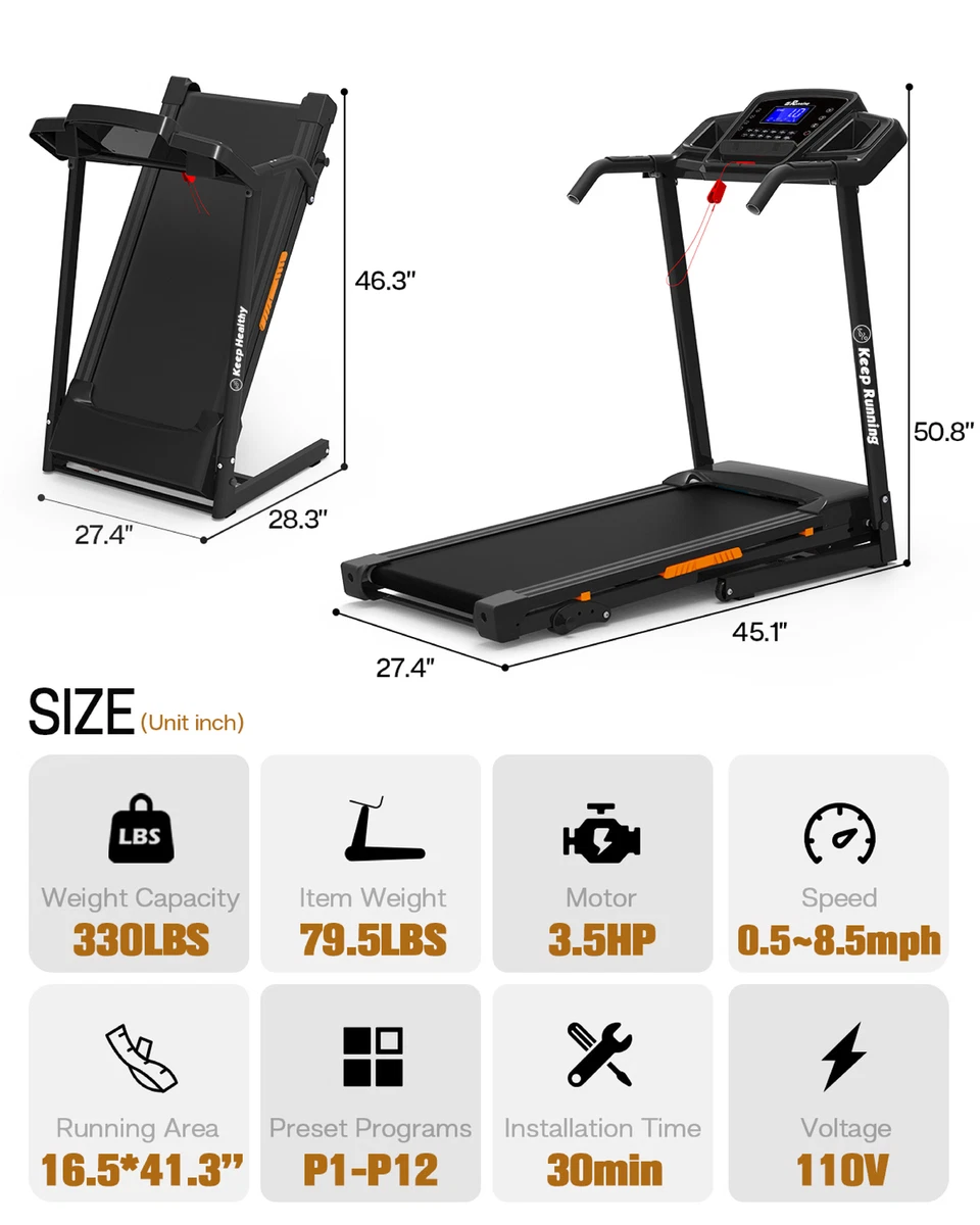 3.5 HP Folding Incline Treadmill Heavy Duty Electric Motorized