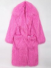 Long Bright Pink Oversized Shaggy Hairy Fluffy Warm Faux Fur Coat Women Lapel