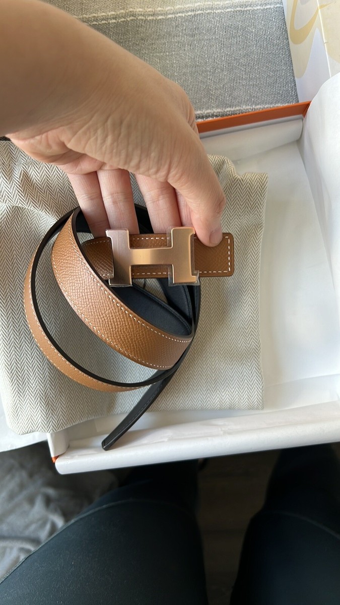 BNIB Hermès 24mm Belt ,Sz 80 Etoupe/Black W Rose Gold Glenan Buckle