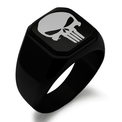 Stainless Steel The Punisher Engraved Square Flat Top Biker Style Polished Ring