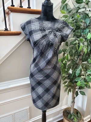 Black & Gray Women's Polyester Round Neck Short Sleeve Pleated Knee Length  Dress | eBay
