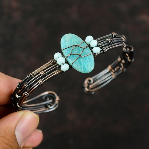Amazonite Wire Wrapped Adjustable Bangle Handcrafted Copper Partywear Jewelry