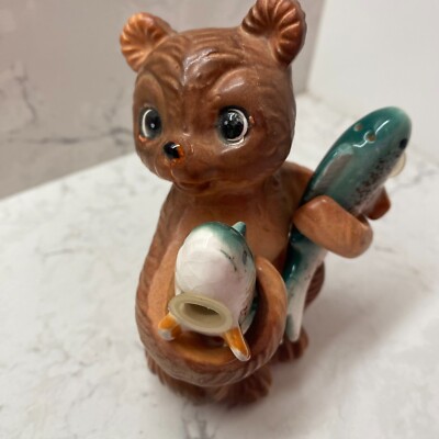 Vintage Norcrest Ceramic Brown Bear Holding Salmon Fish Salt