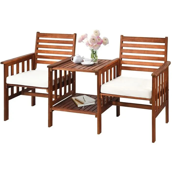 Lot de 2 chaises avec coussins de jardin et table en bois avec trou pour parasol 5cm beige