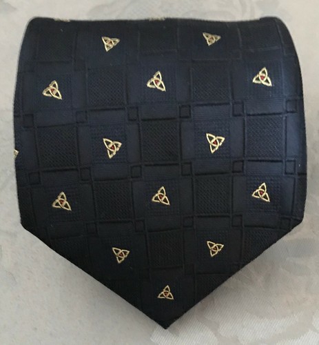 Patrick Francis Tie * Navy Blue with Gold Celtic Triangles * 100% Silk * Ireland - Picture 1 of 5