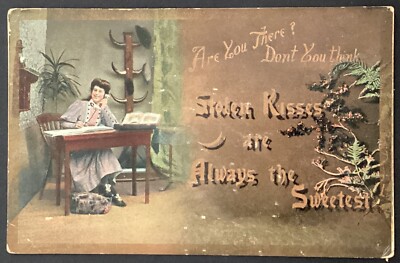 Woman on Phone Stolen Kisses are the Sweetest Vintage Comic Postcard Posted 1909