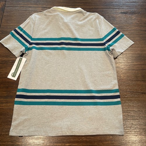 NWT Threads 4 Thought Men's Sz M Polo Shirt Heather Gray Teal Navy Striped - Picture 5 of 7