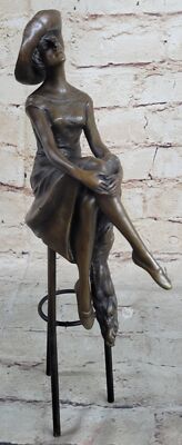 Woman in Sun Dress amp; Hat Bronze Figurine Sculpture Decor Signed Art