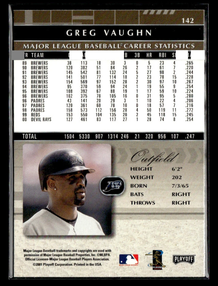 2001 Playoff Absolute Memorabilia #142 Greg Vaughn Card Tampa Bay Devil Rays - Image 2 of 2