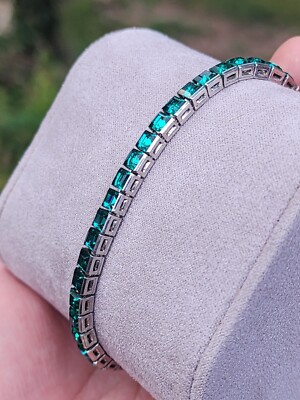 Vintage Crown Trifari Invisible Set Green Rhinestone Tennis Bracelet Silver Tone
