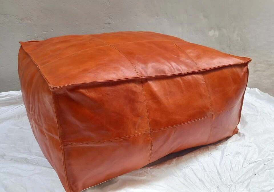 Puf Marroquí De Cuero De Cabra Genuino Hecho A Mano Vintage 28" Grande - Imagen 3 de 4