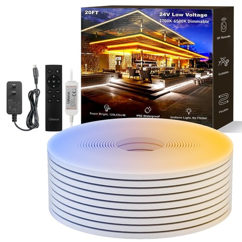Neon LED Strip Lights White Dimmable 20ft 24V 2700K-6500K, Rope Tape Light IP...