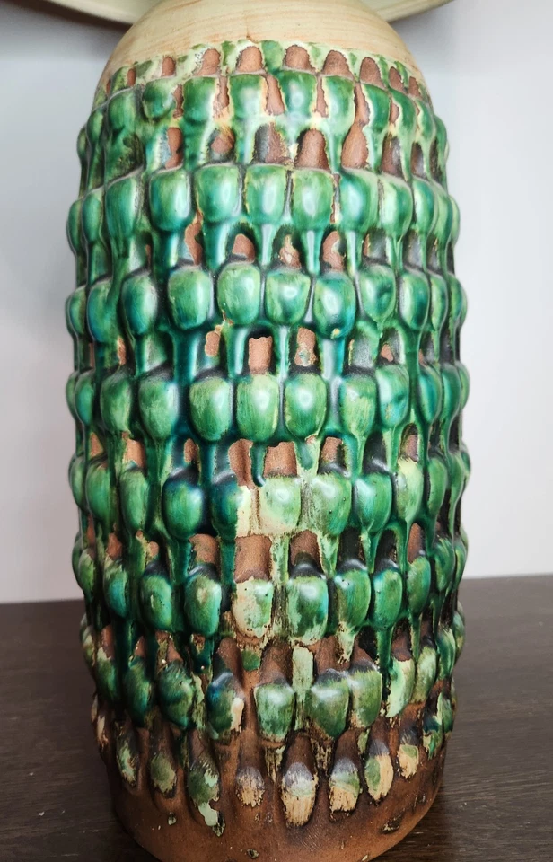 Pair MCM Pottery Lamps Green Drip Glaze - Fantoni Style Brutalist -ALL ORIGINAL - Image 4 of 4