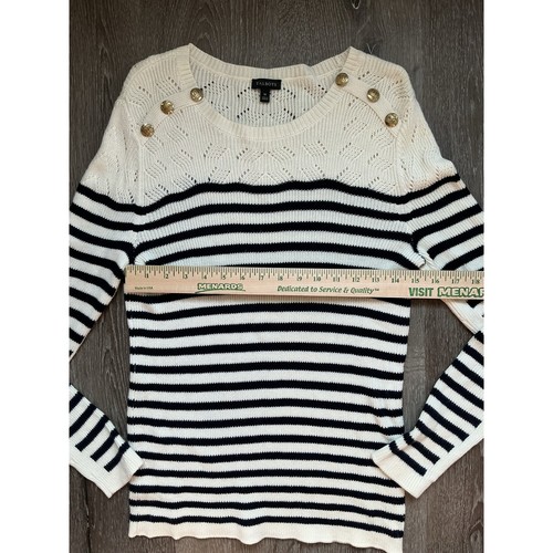 Talbot's Navy Cream Striped Nautical Gold Button Sweater Medium - Picture 4 of 9
