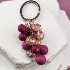 Pink Bead Cluster Keychain Faceted Crystal Style Magenta Round Beads Silver Tone