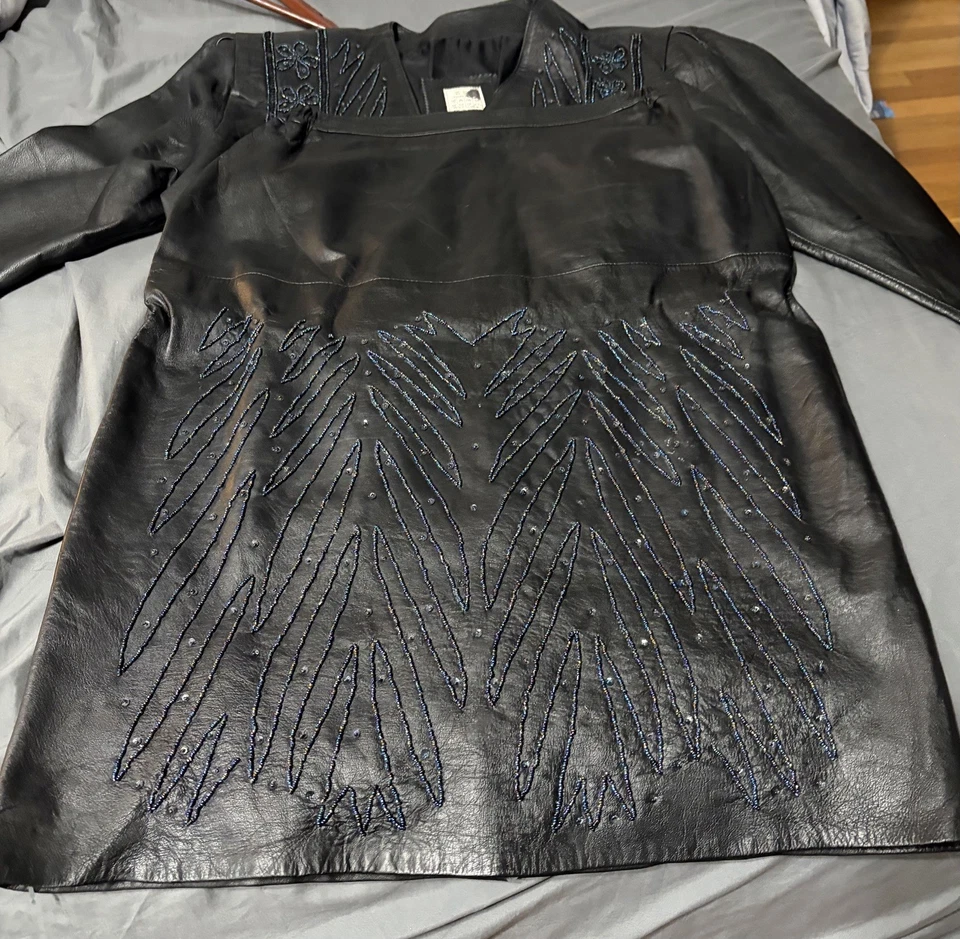 Blazer y falda vintage años 80 de cuero negro con cuentas lentejuelas talla L Foto 3 de 4