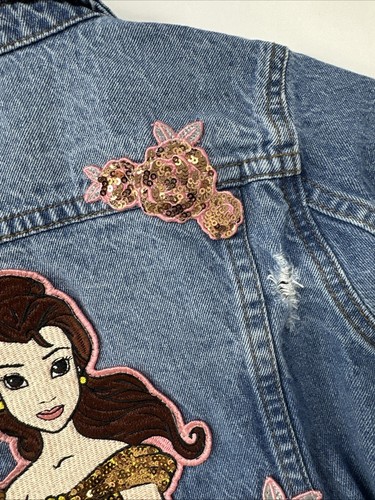 Disney Princess Denim Jean Jacket Belle Sequins Pin Patches Distressed Girls 7/8 - Picture 14 of 15