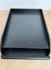 Vtg Wood Wooden Desk Tray Paper File Organizer Black MCM In and Out Letter