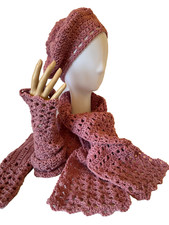 Ob.D. Handmade, Hand Crochet Rosebud Beret, Scarf & Glove Set