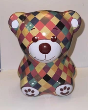 MAGNAT Metal Teddy Bear "Piggy" Bank ~ Harlequin Plaid Design ~ Never Used!