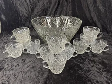 Vintage Anchor Hocking ARLINGTON Clear Punch Bowl Set - Scalloped Bowl & 12 Cups