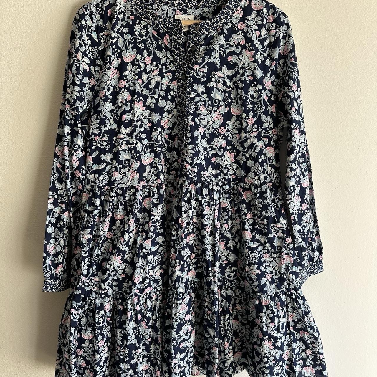 J Crew Lined Midi Dress Women's M Navy Floral Tiered Boho Cottage Core 1/4Button