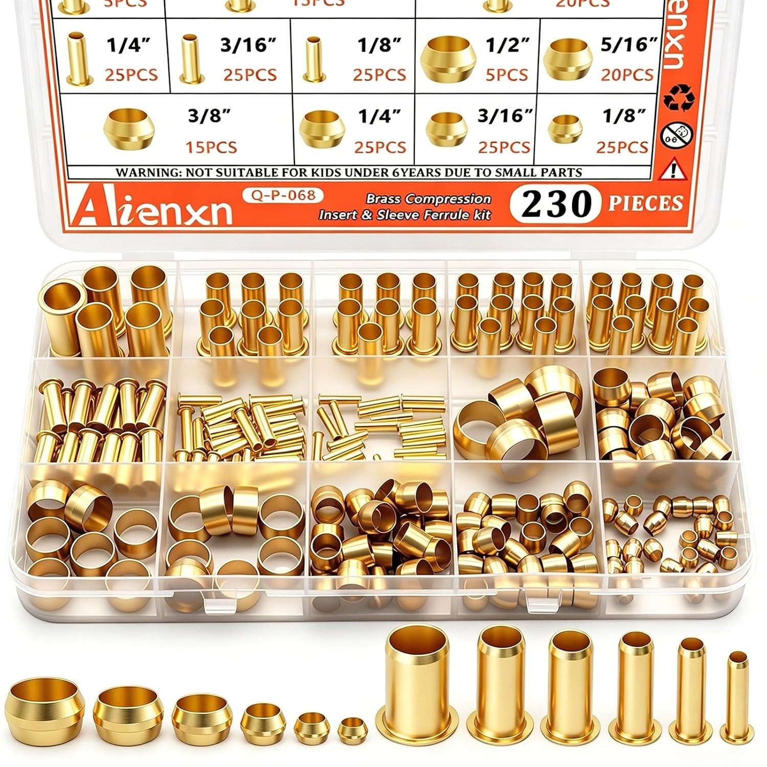 Compression Fittings Assortment kit-6 230PCS Sleeves Ferrules,Insert, Brass