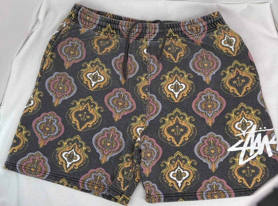 Stussy Paisley Baroque Print Fleece Shorts Faded Black Size L Streetwear - Image 2 of 4