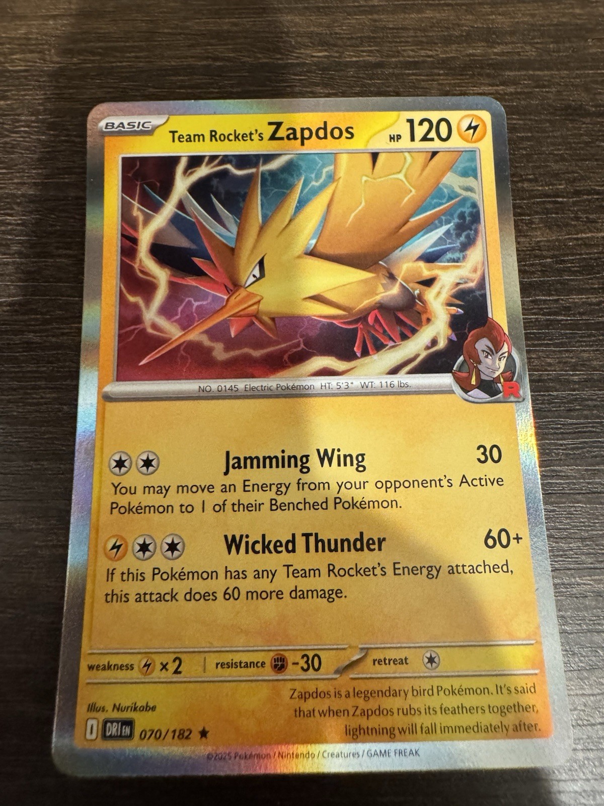 Team Rocket's Zapdos 70/182 Holographic Pokemon card