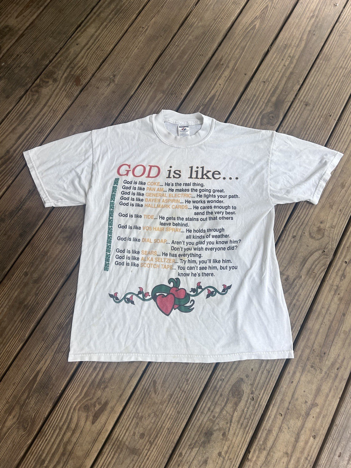 God Is Like… Vintage 90s Jesus Tee White Size L has Flaws & Discoloration